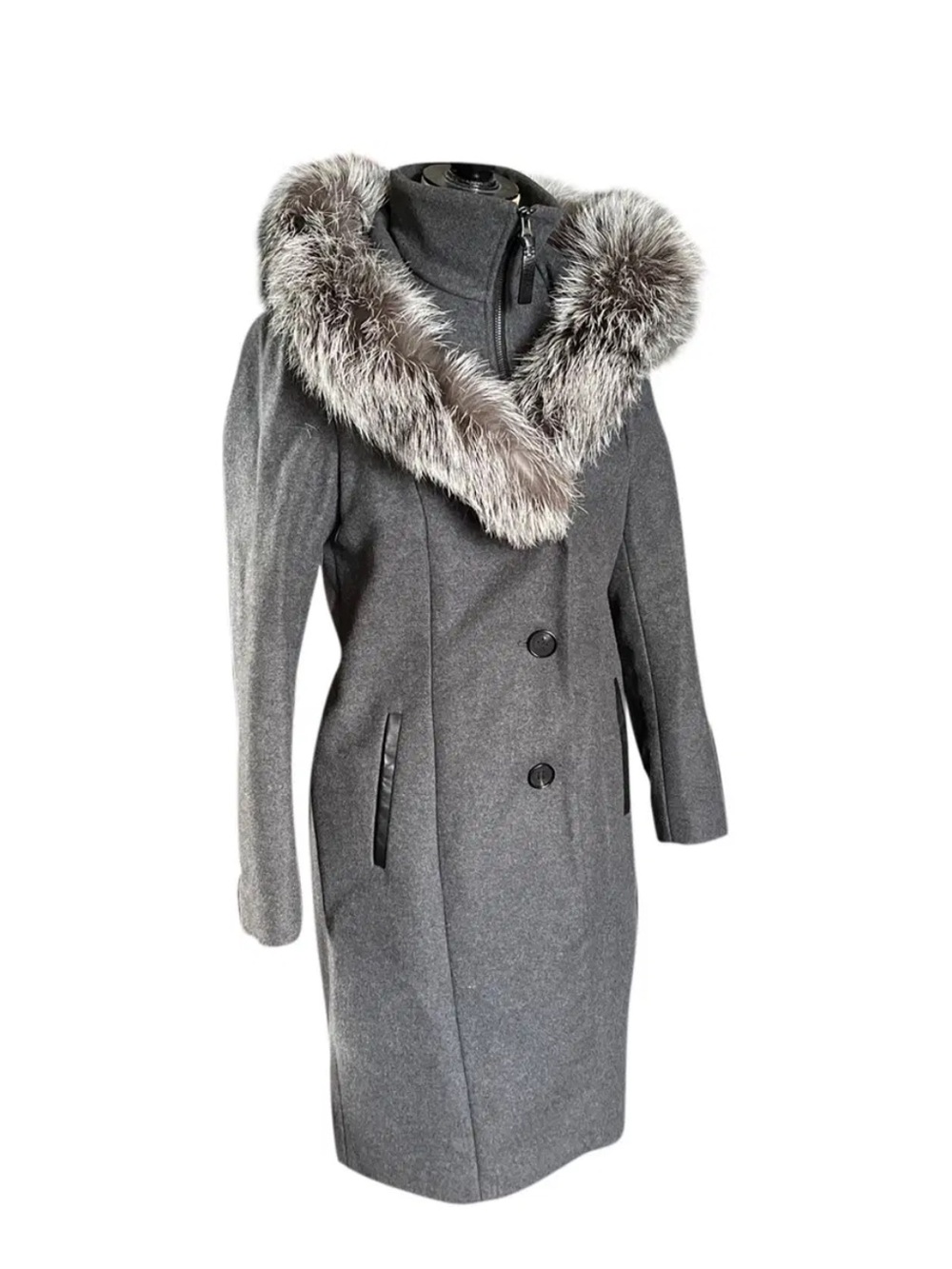 Mackage Women's Gray Wool Coat with Fur Trim Hood